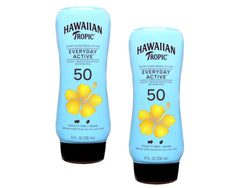 Label highlights papaya mango plumeria scent on Hawaiian Tropic bottle.