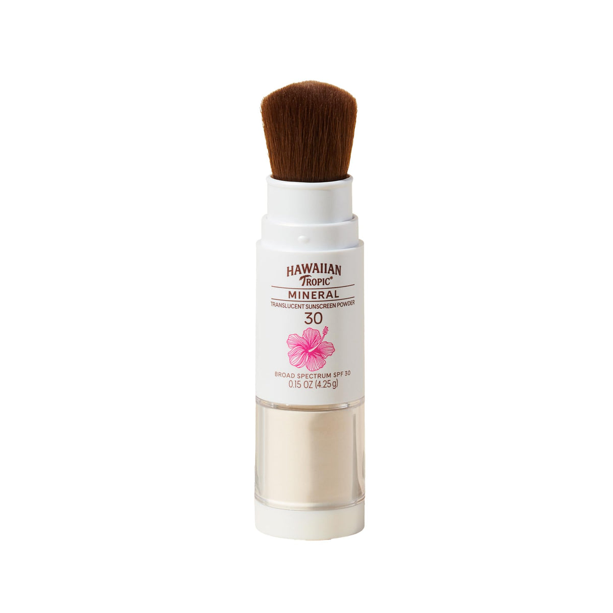 Hawaiian Tropic mineral translucent sunscreen powder brush with SPF 30 and matte finish.