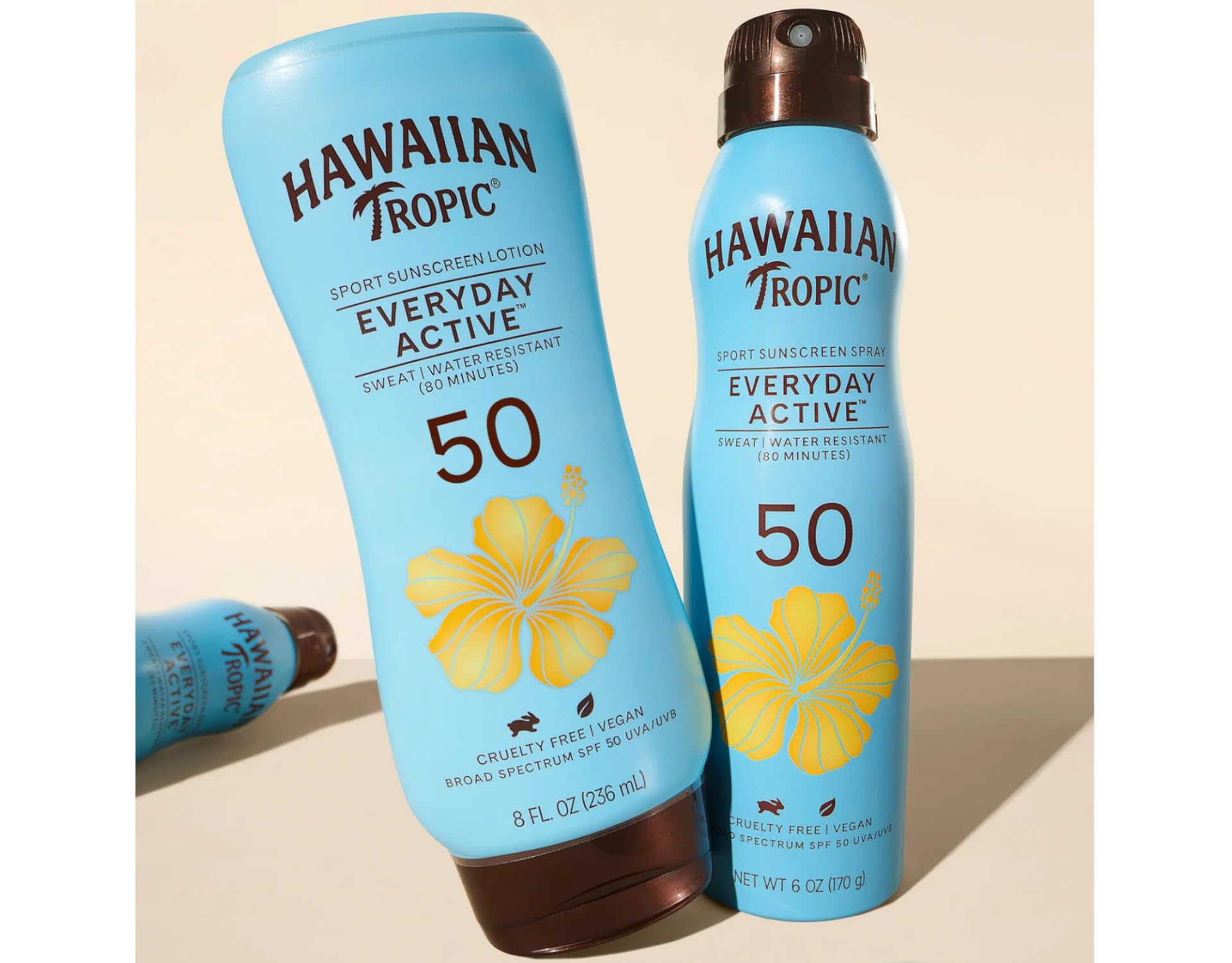 Two 8 oz Hawaiian Tropic sunscreen bottles in a 2-pack.