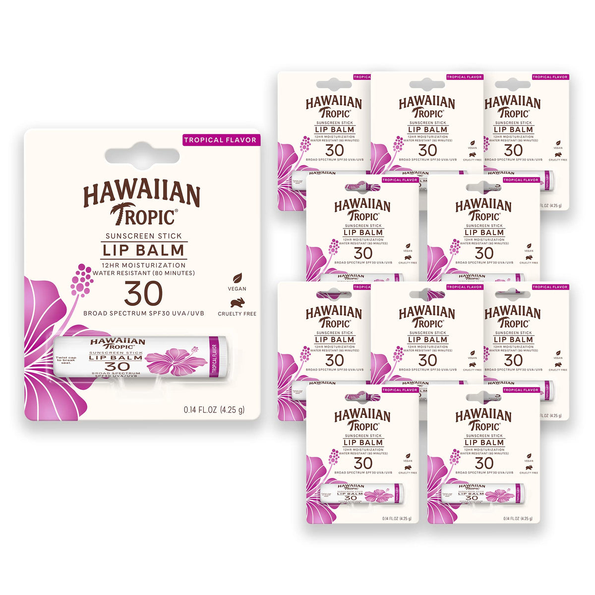 Hawaiian Tropic Tropical Lip Balm SPF 30 with 12-hour hydration for beach days.