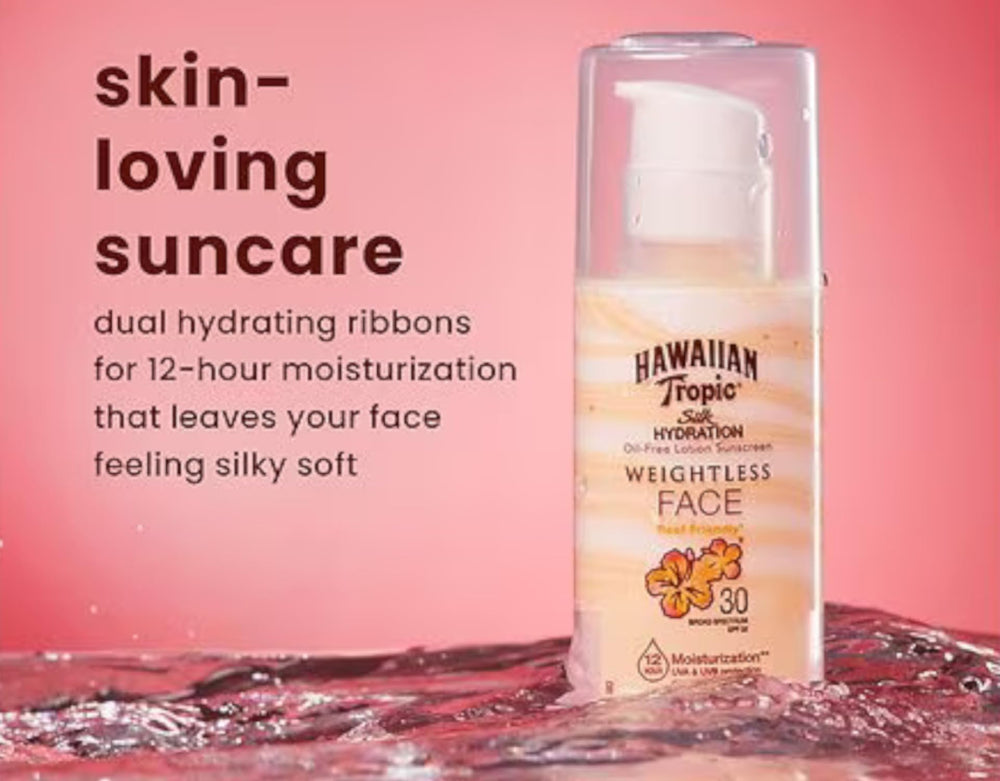 Hawaiian Tropic Weightless Hydration sunscreen texture close-up showing breathable feel