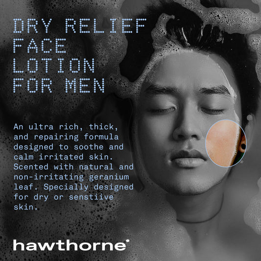 Hawthorne Men's Dry Relief Lotion texture closeup showing creamy, moisturizing consistency