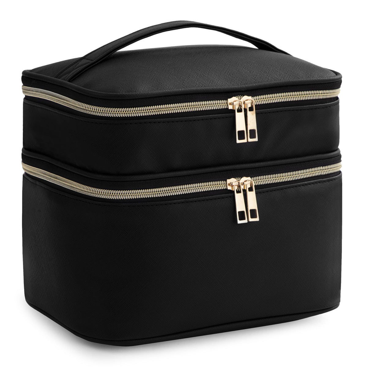 HBlife double-layer travel makeup bag in black, front view for stylish storage on the go.
