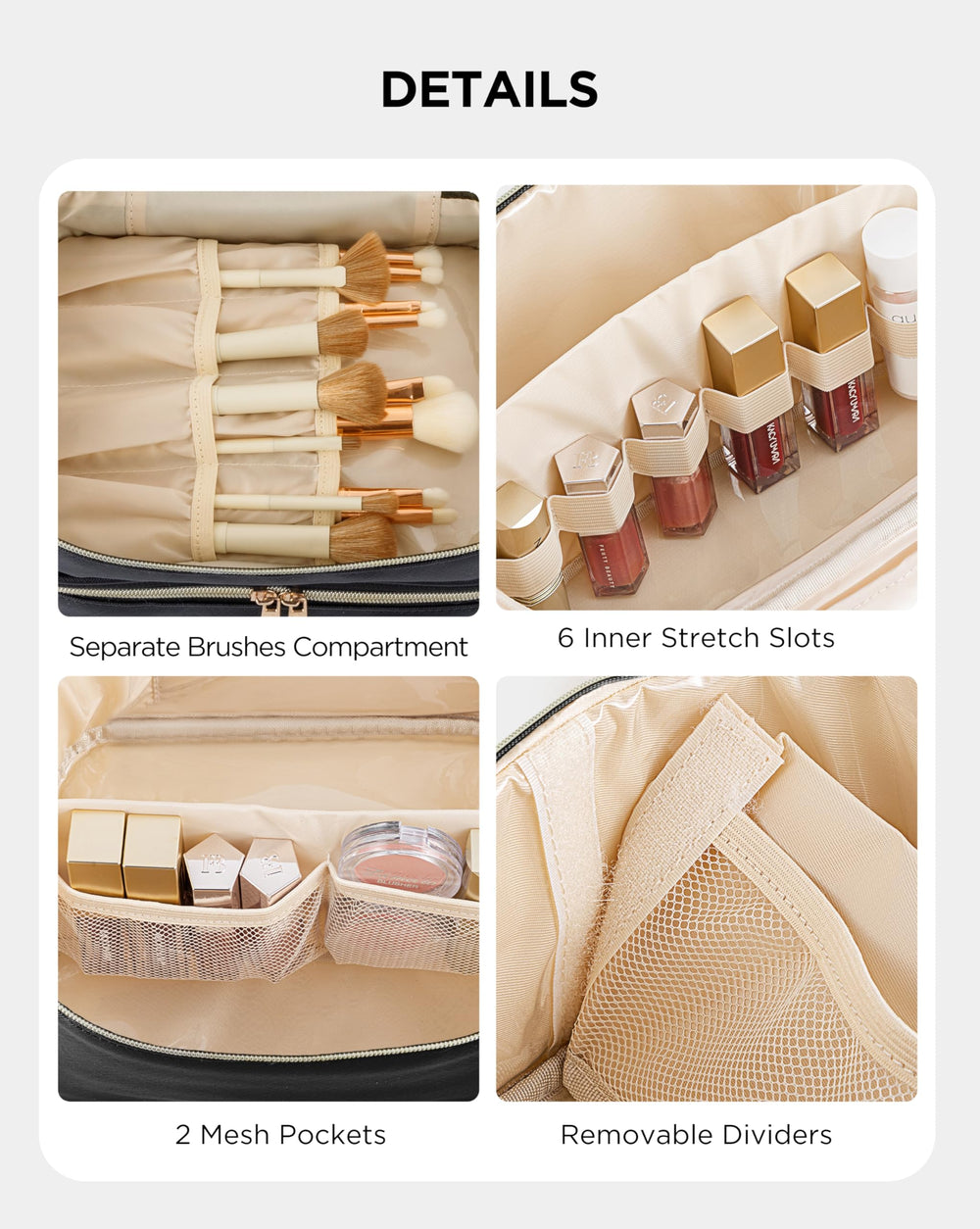 HBlife makeup bag detachable divider offers flexible space for oversized items.