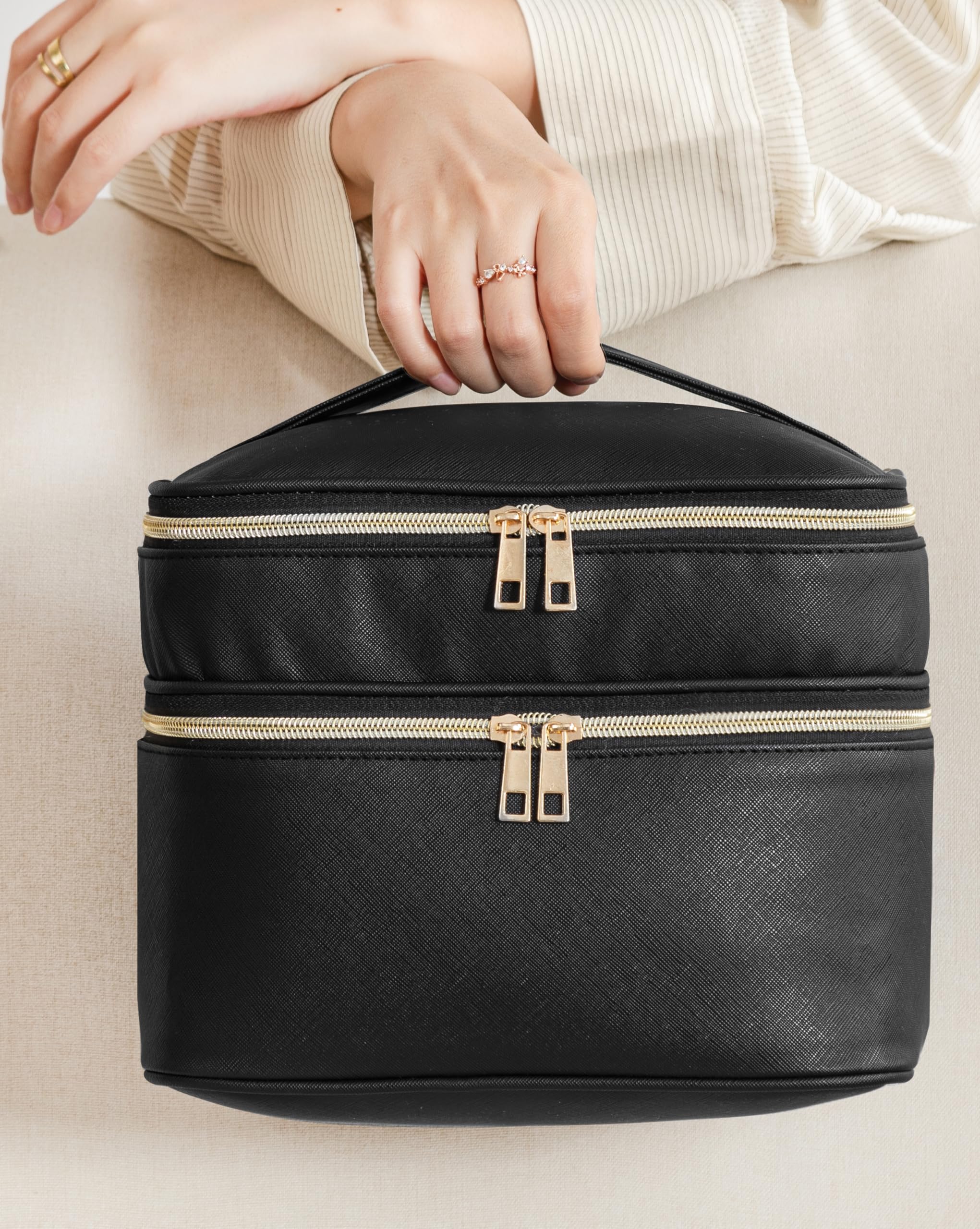 HBlife makeup bag second layer mesh pockets for easy organization of cosmetics.