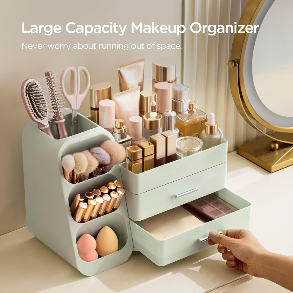 HBlife makeup organizer top-compartments organizing palettes and bottles at a glance.