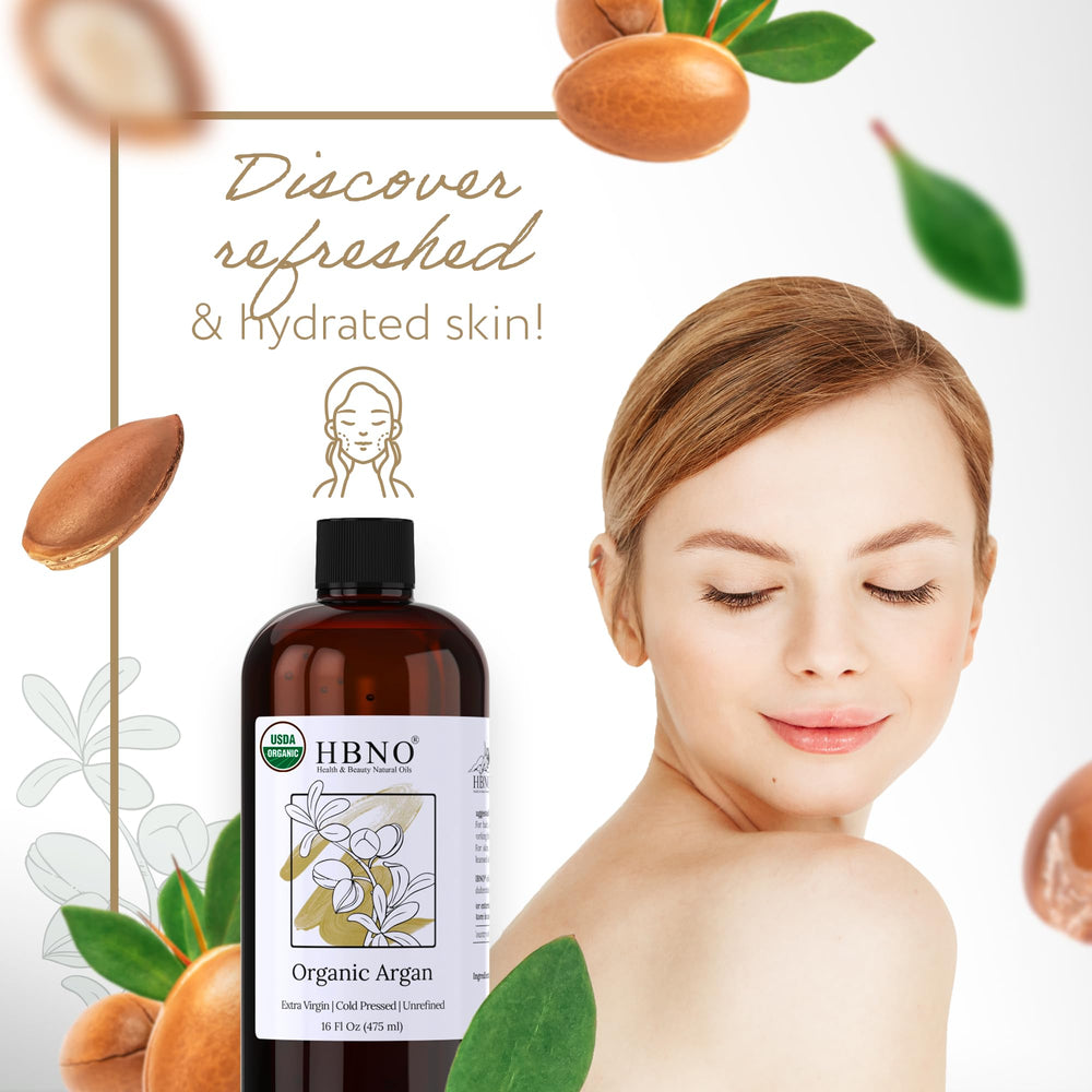 HBNO Organic Argan Oil for hair-care routines adds shine and conditioning.