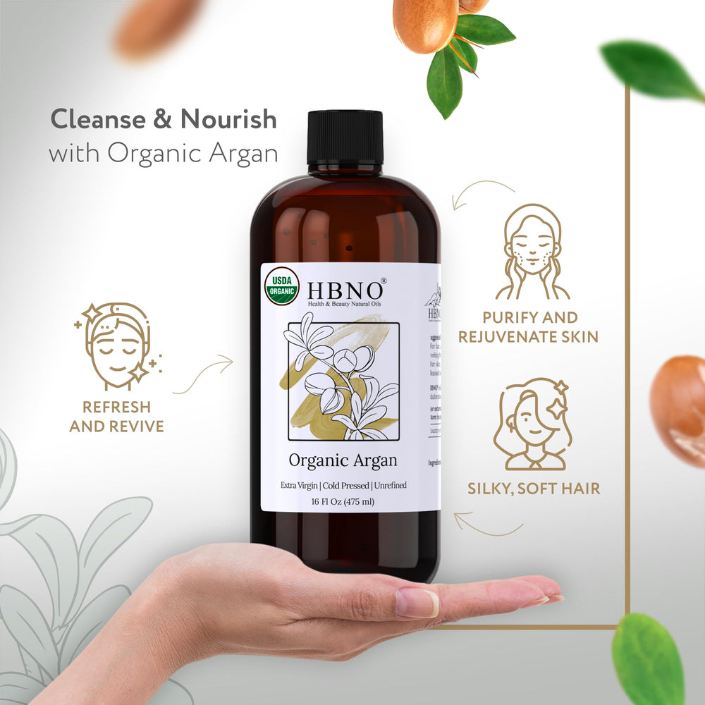 HBNO Organic Argan Oil pour showing smooth, fast-absorbing texture for massage.
