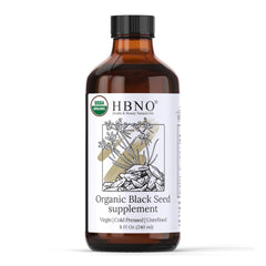 HBNO Organic Black Seed Oil 8oz bottle for daily skin care and nourishment.