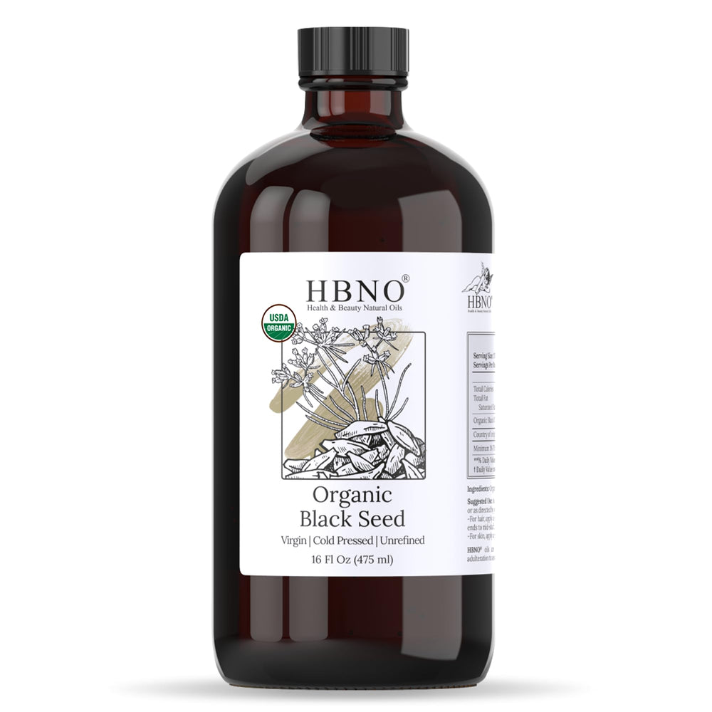 HBNO Organic Black Seed Oil bottle front view for versatile skin and hair care