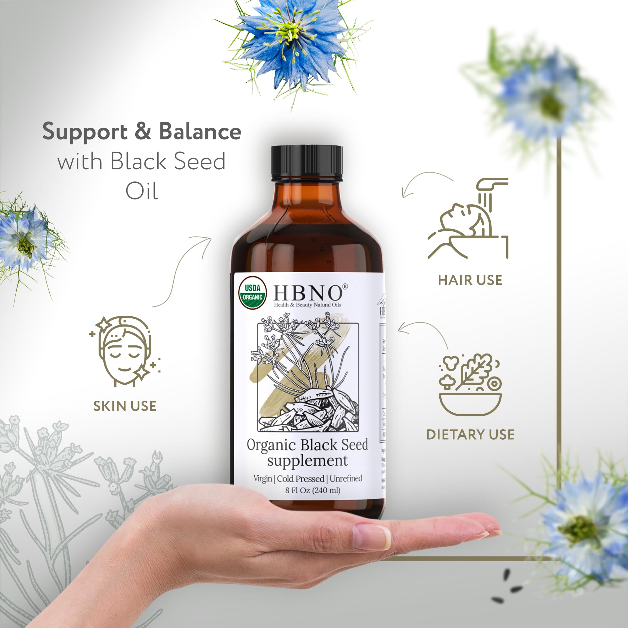 HBNO Organic Black Seed Oil glass bottle close-up shows premium packaging and quality.