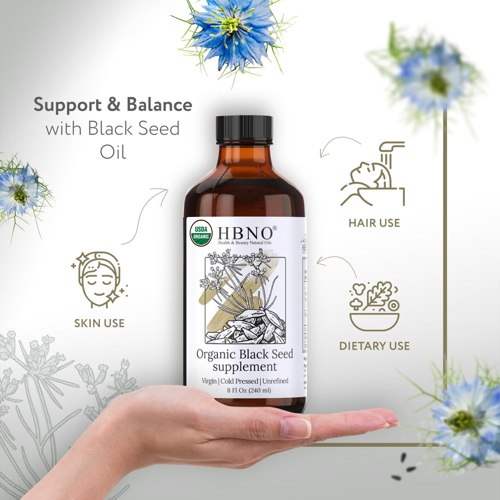 HBNO Organic Black Seed Oil glass bottle close-up shows premium packaging and quality.