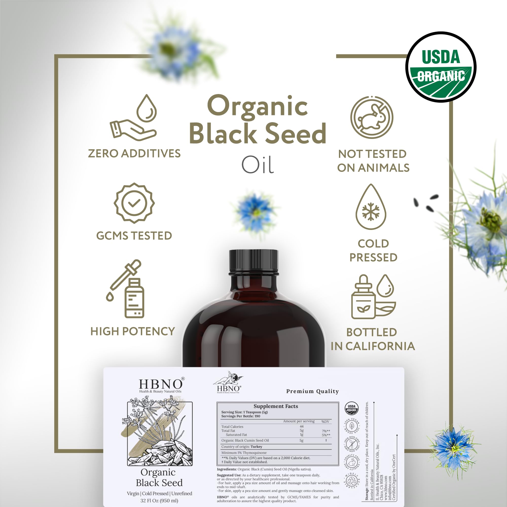 HBNO glass bottle shot emphasizes premium packaging and purity.