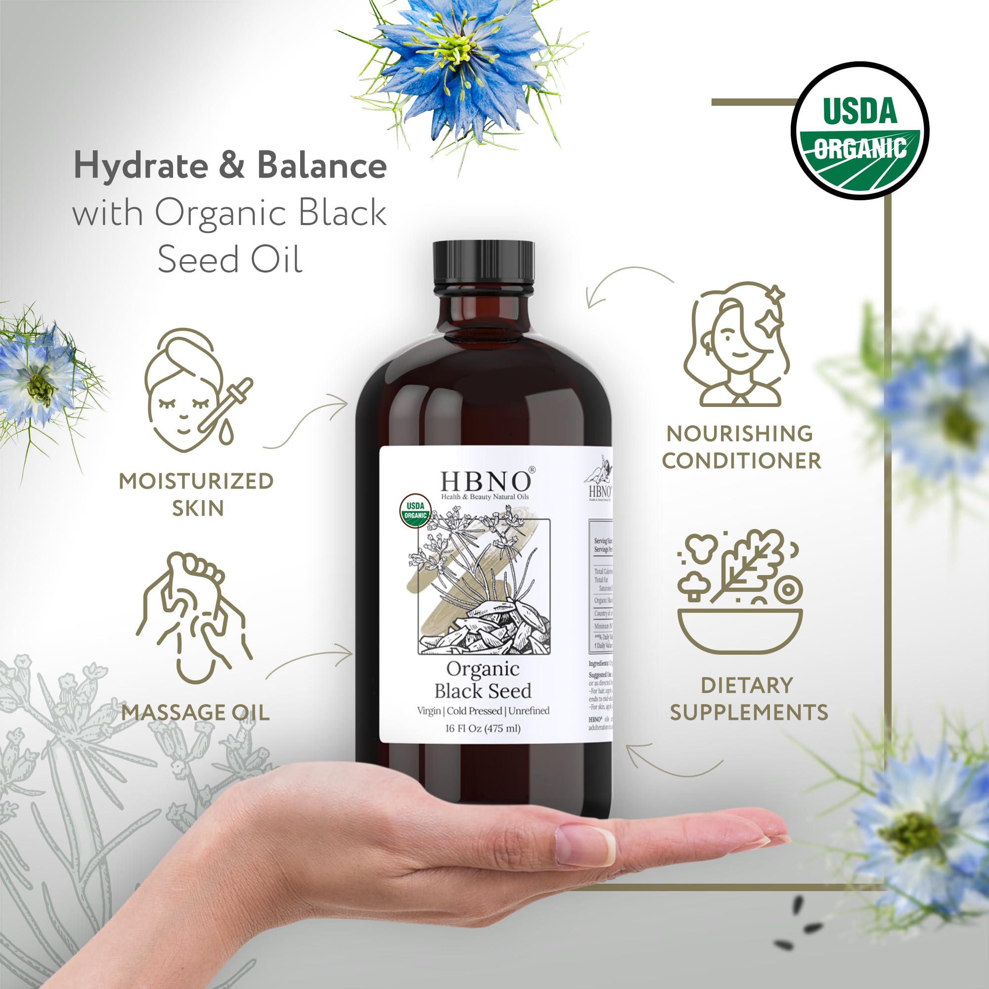 HBNO Black Seed Oil pour spout on amber bottle for easy application