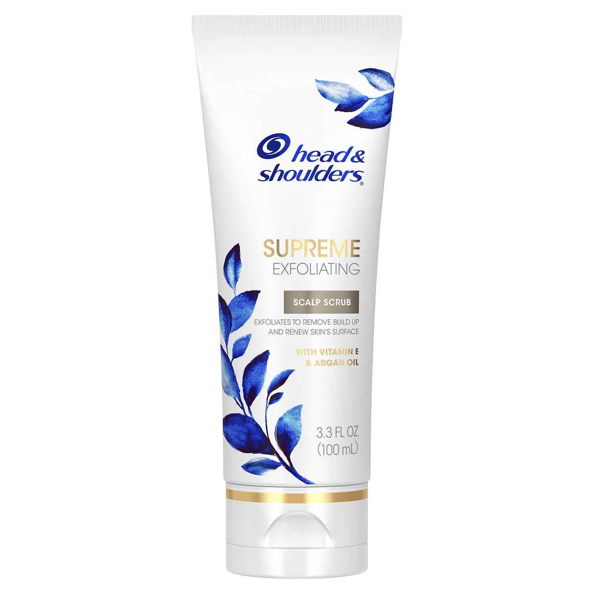 Head & Shoulders Supreme exfoliating scrub bottle with argan oil and vitamin E for scalp renewal.