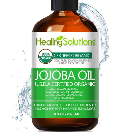 Healing Solutions Jojoba Oil bottle close-up for daily facial hydration