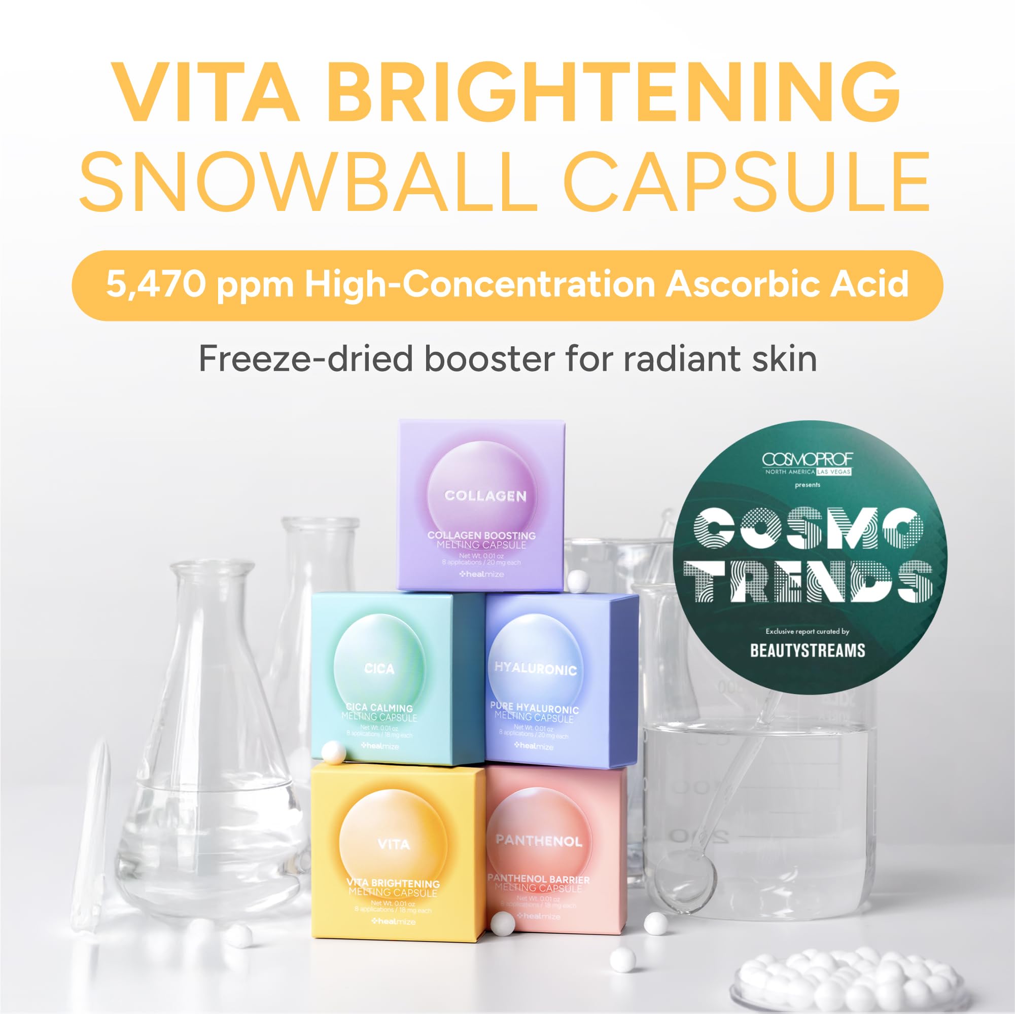 Healmize Vita Melting Snowball Capsule close-up with 5470ppm Vitamin C for brightening.