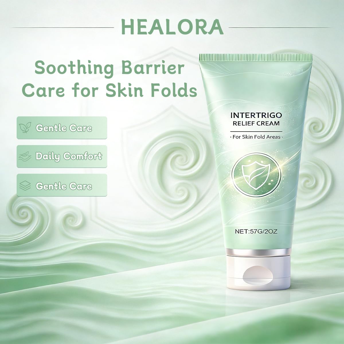 Healora Intertrigo Cream jar display highlighting skin fold comfort and protection.