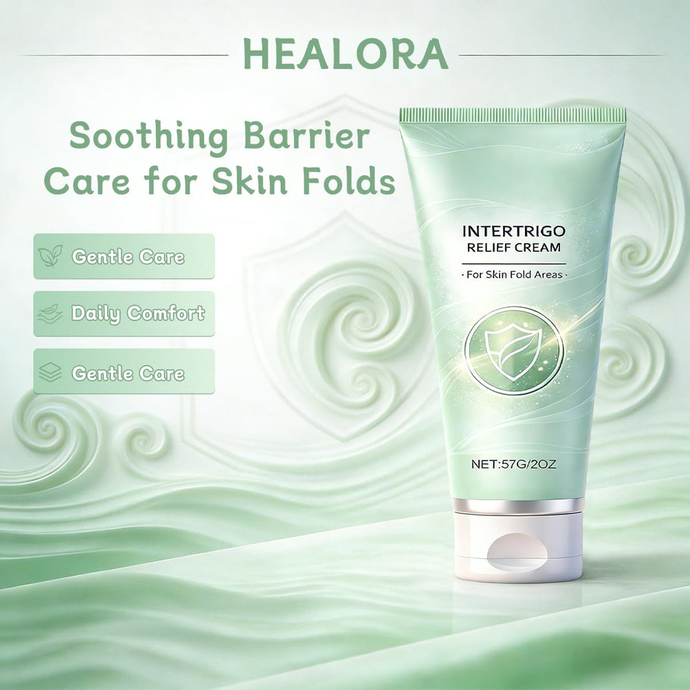 Healora Intertrigo Cream jar display highlighting skin fold comfort and protection.