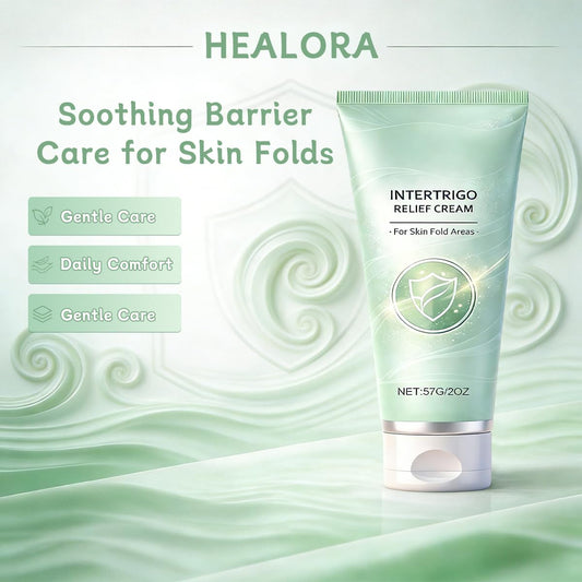 Healora Intertrigo Cream jar display highlighting skin fold comfort and protection.