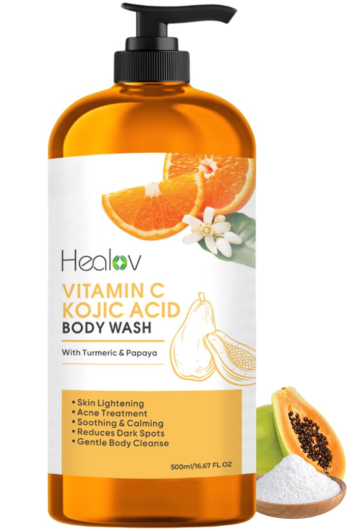 Healov kojic acid body wash hero bottle promotes brightening potential.