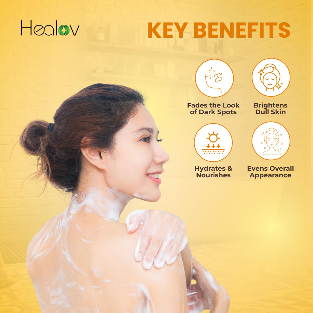 Healov kojic papaya body wash brightening application on skin.