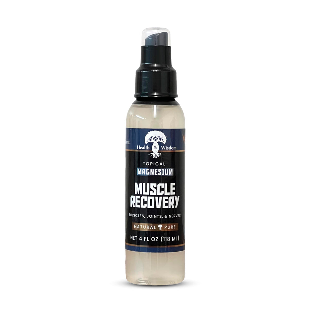 Health and Wisdom magnesium muscle recovery bottle-pour demonstrates easy topical application for targeted relief.