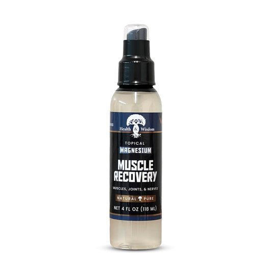 Health and Wisdom magnesium muscle recovery bottle-pour demonstrates easy topical application for targeted relief.