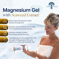 Health and Wisdom magnesium gel applied to skin for targeted muscle comfort.