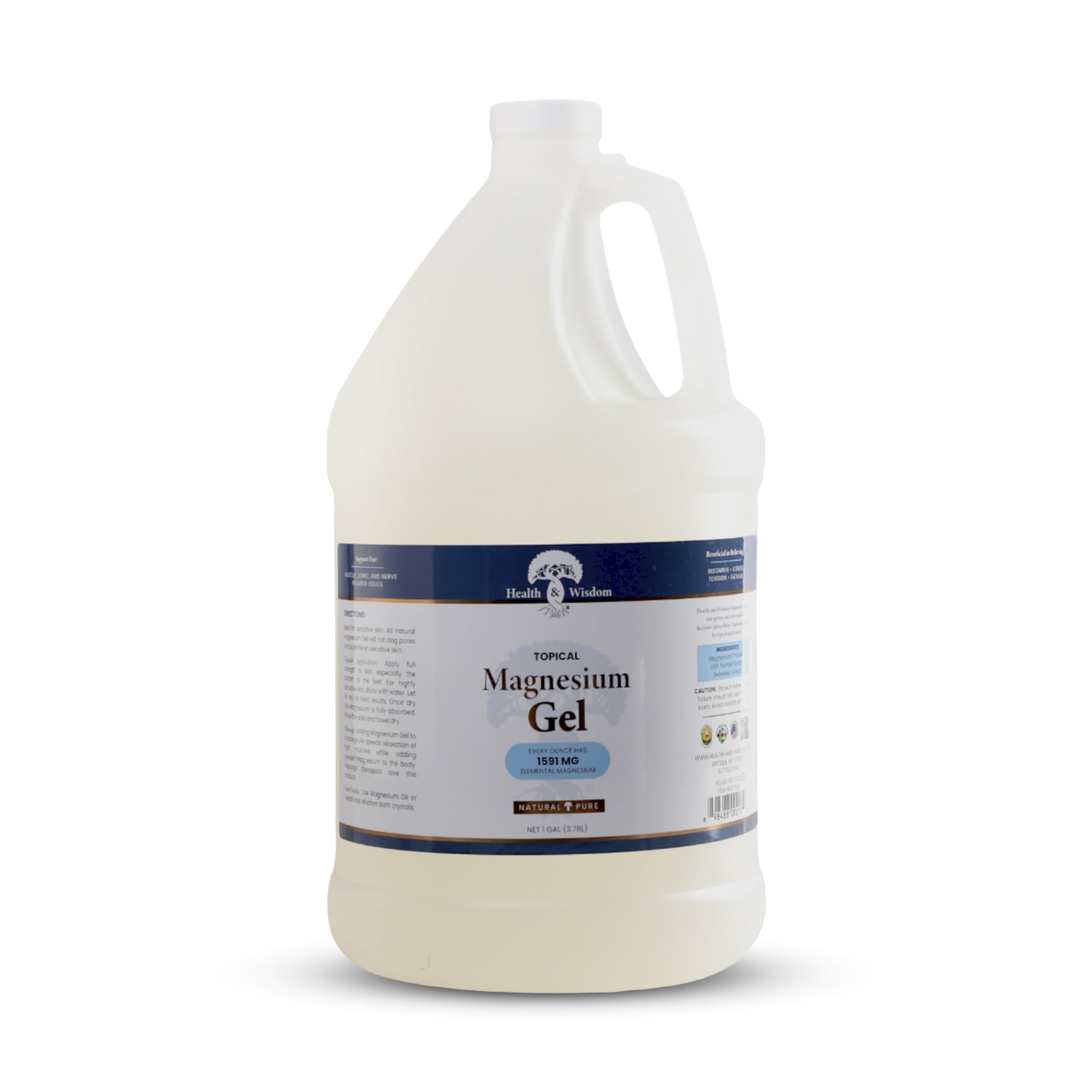 Health and Wisdom magnesium gel seaweed bottle for topical relief and skin hydration.