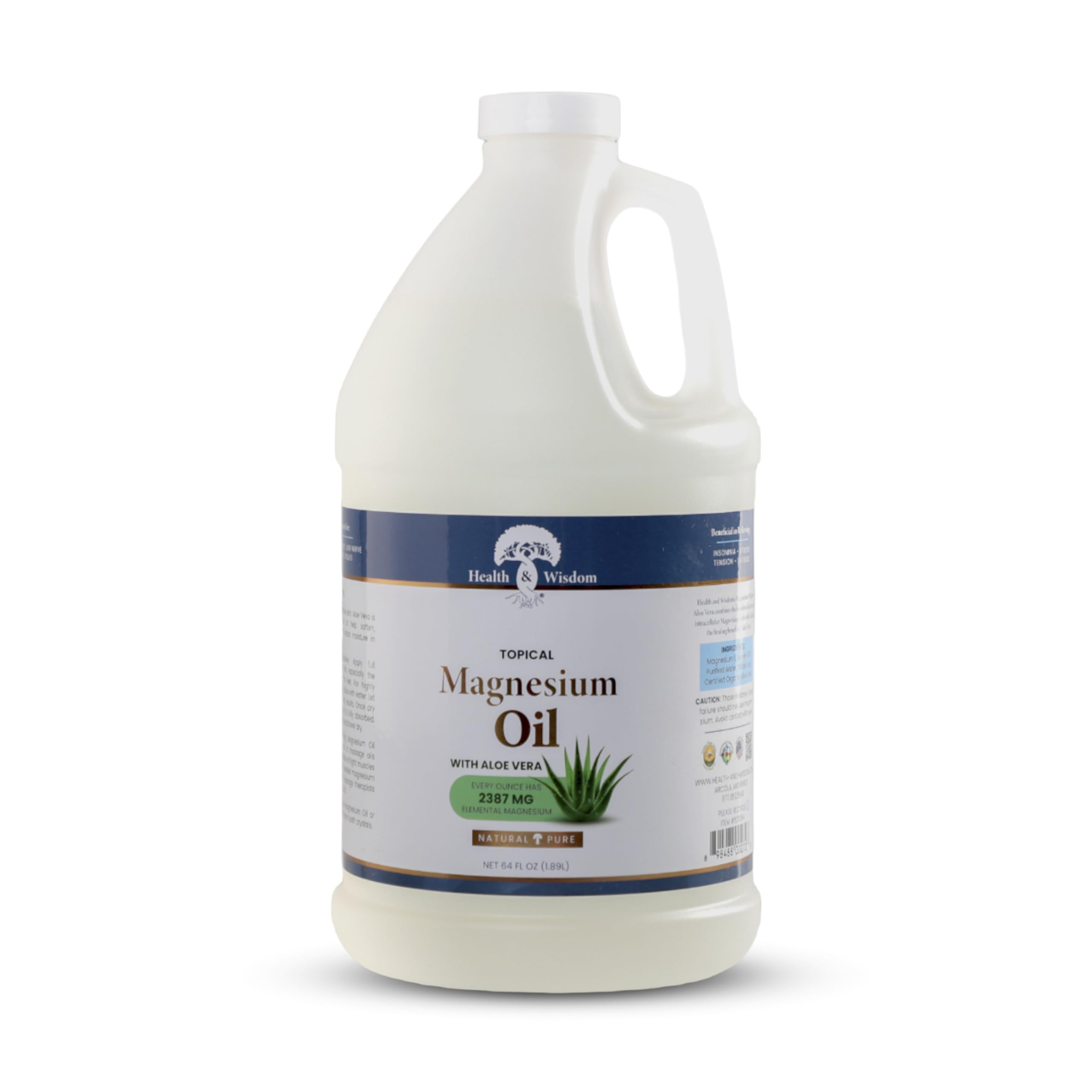 Health and Wisdom magnesium oil aloe vera bottle for soothing skin and potential muscle comfort