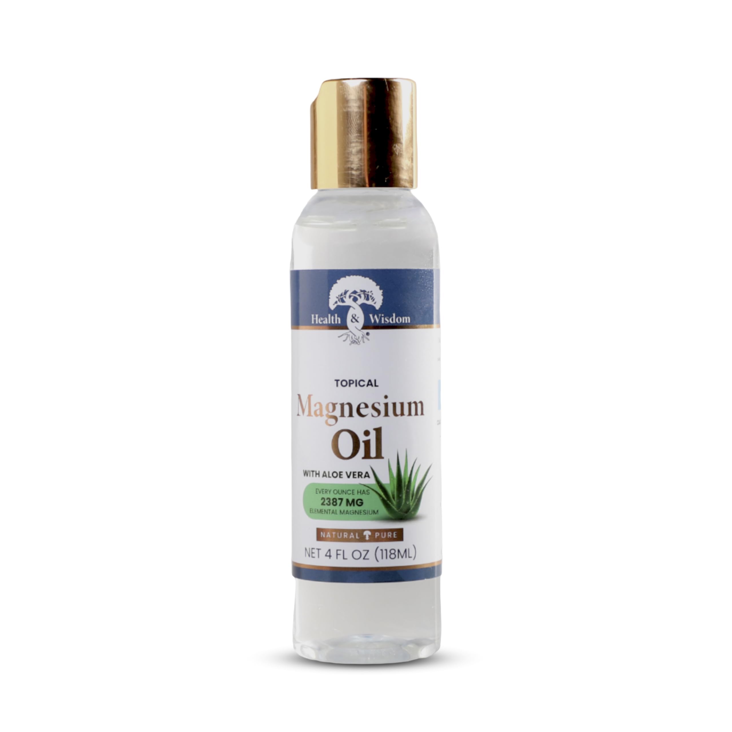 Health and Wisdom magnesium oil bottle with aloe vera for skin hydration.