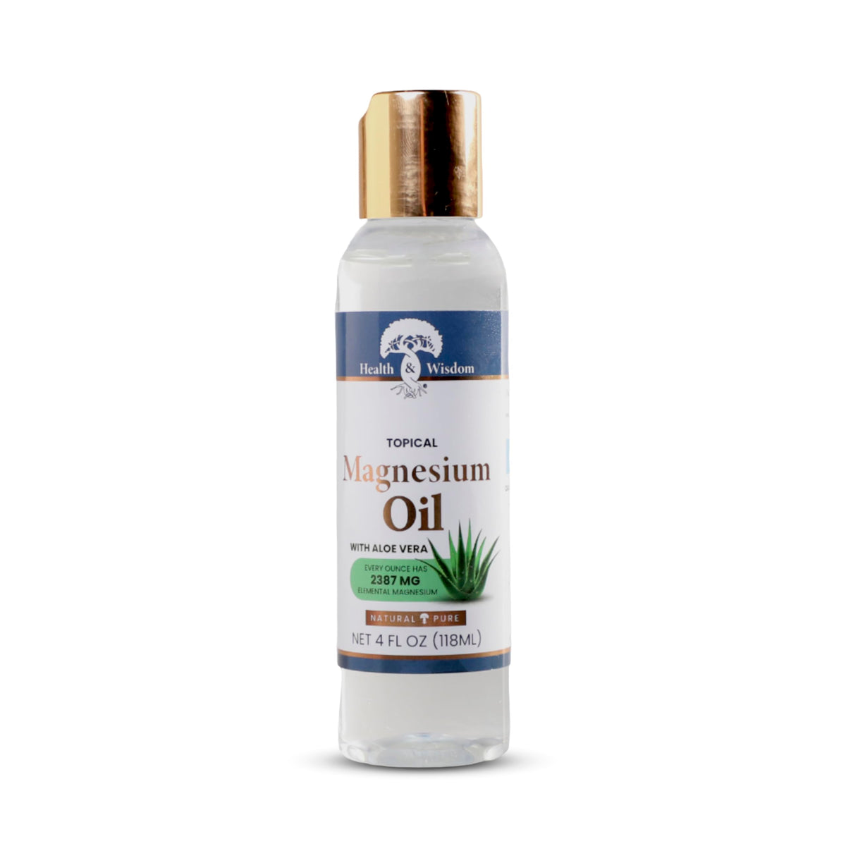 Health and Wisdom magnesium oil bottle with aloe vera for skin hydration.