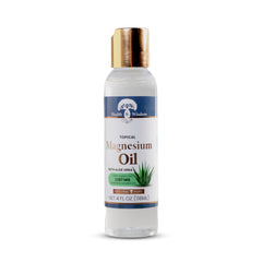 Health and Wisdom magnesium oil bottle with aloe vera for skin hydration.