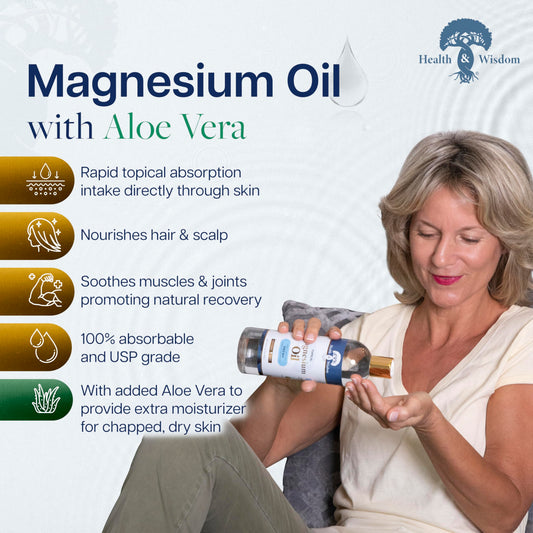 Health and Wisdom magnesium oil aloe vera pour demonstrating easy topical application after workouts