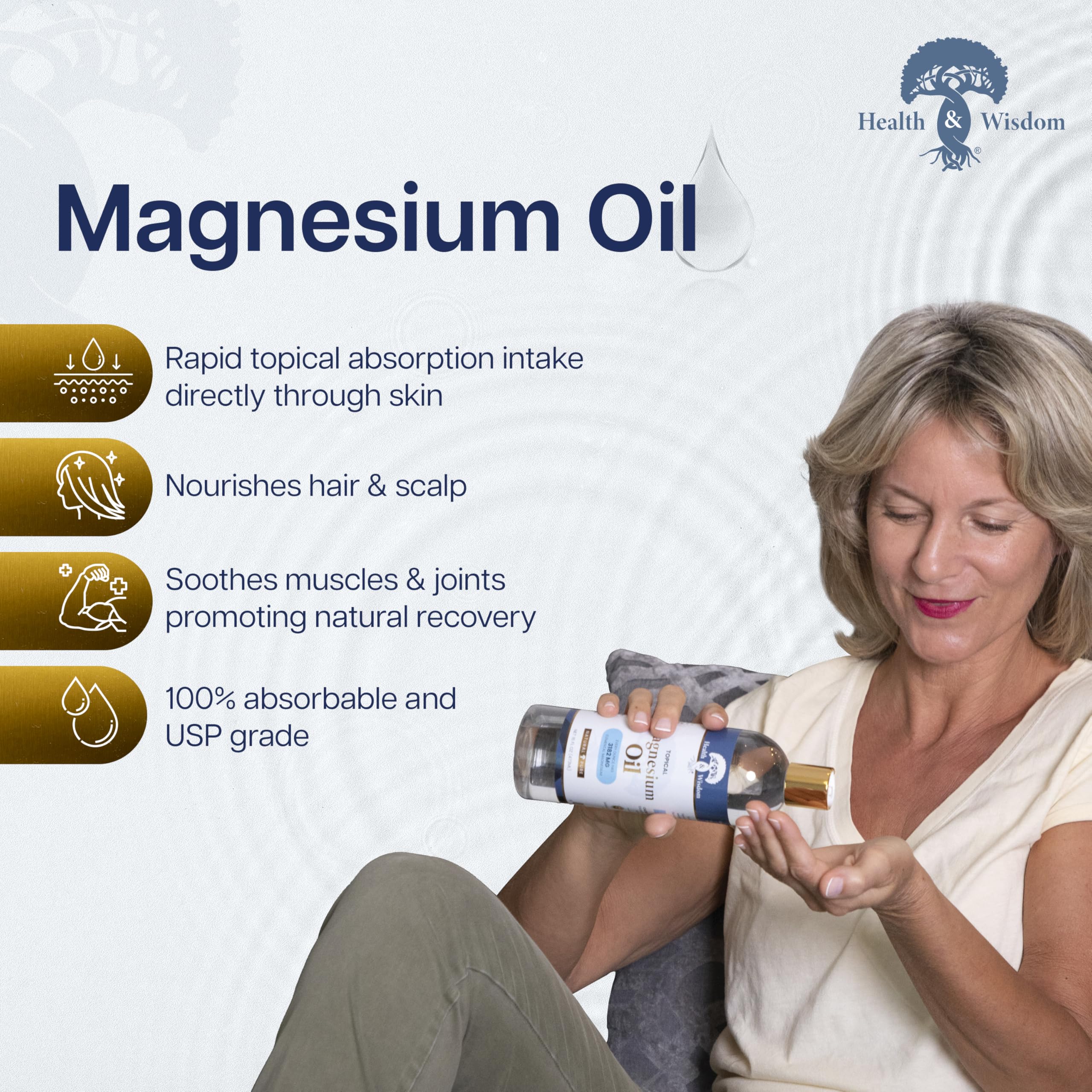 Health and Wisdom Pure Magnesium Oil application demonstrates quick absorption for muscle comfort