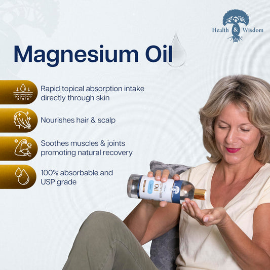 Health and Wisdom Pure Magnesium Oil application demonstrates quick absorption for muscle comfort