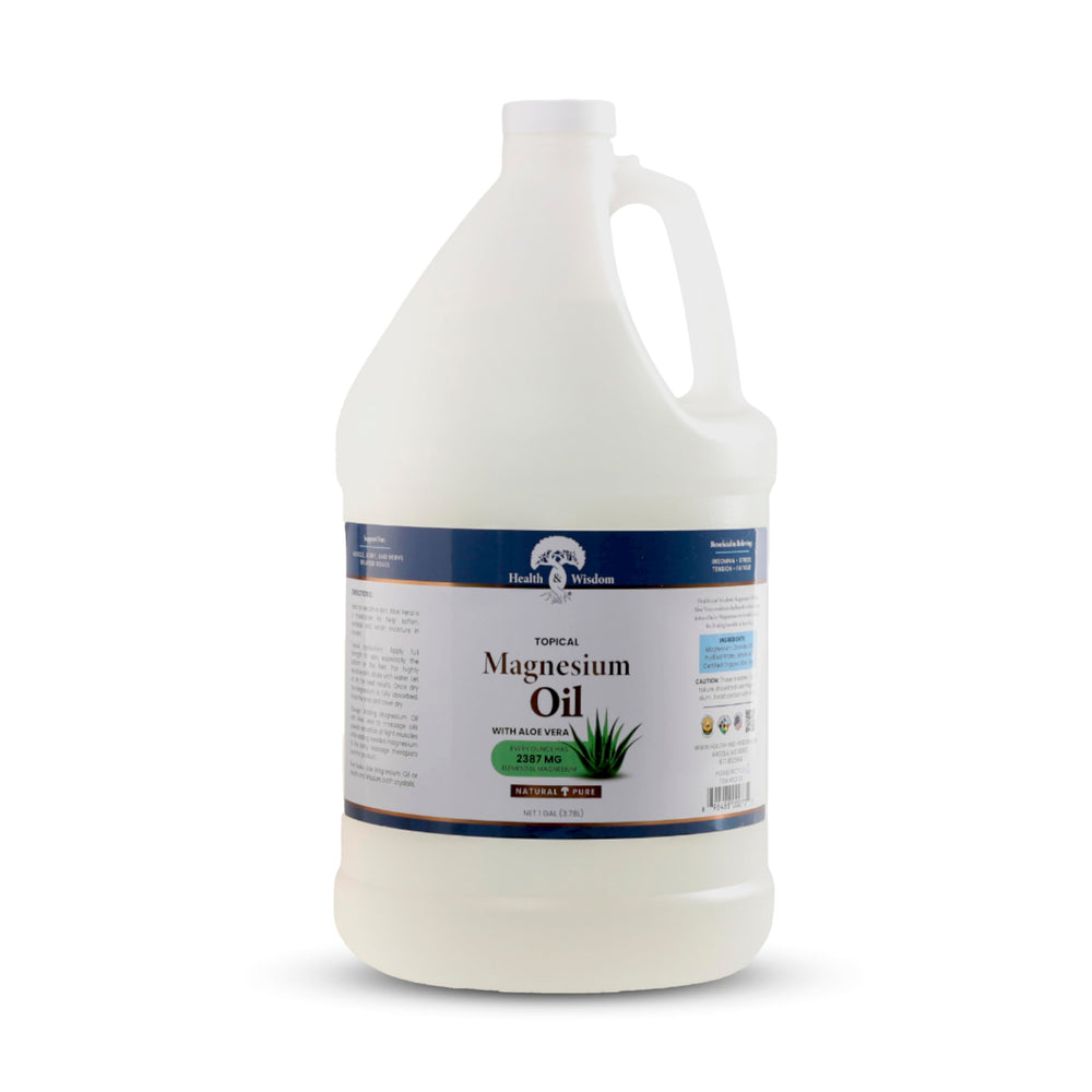 Health and Wisdom magnesium oil bottle pour demonstrates easy topical application and rapid absorption.