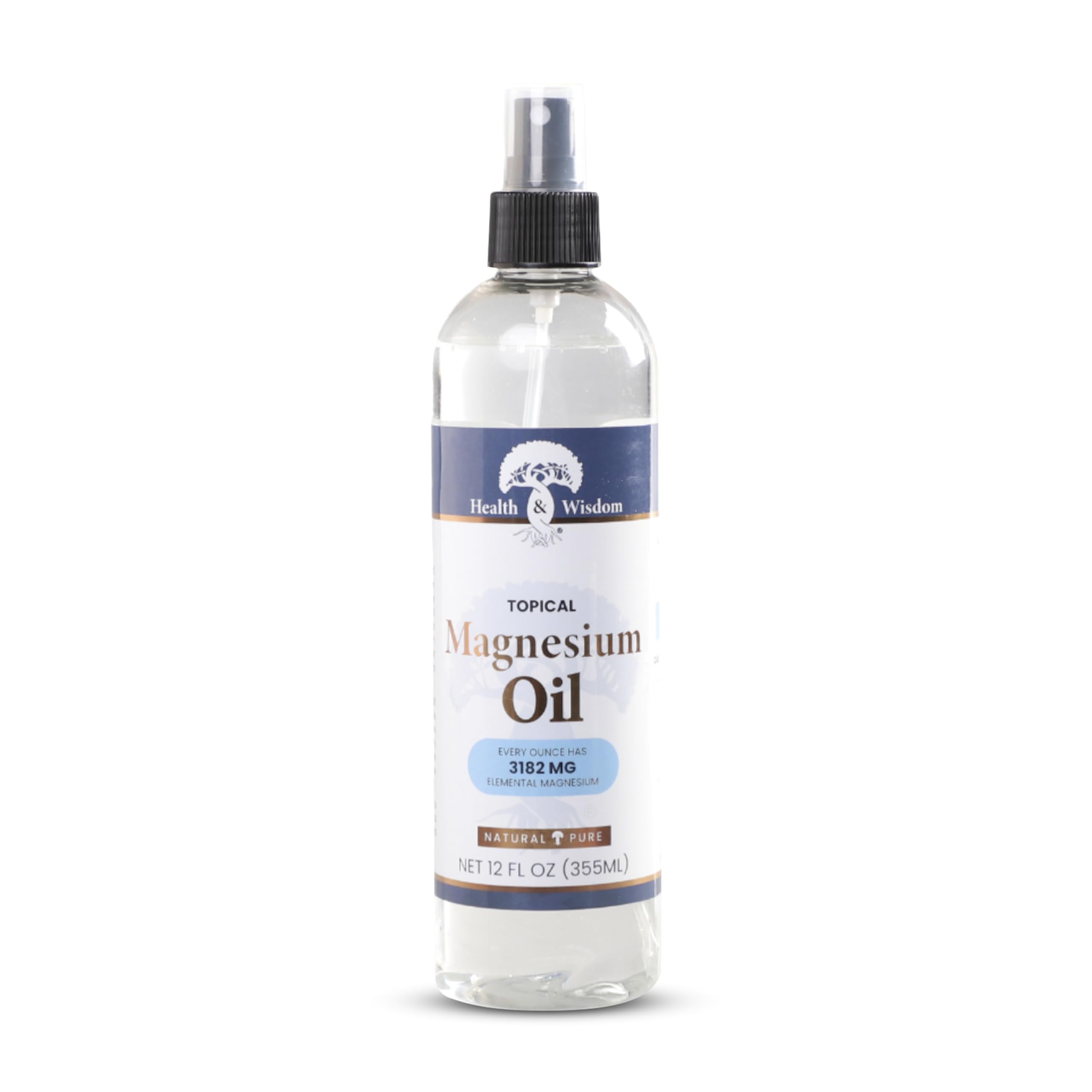 Health and Wisdom Pure Magnesium Oil bottle shown for easy topical relief on skin
