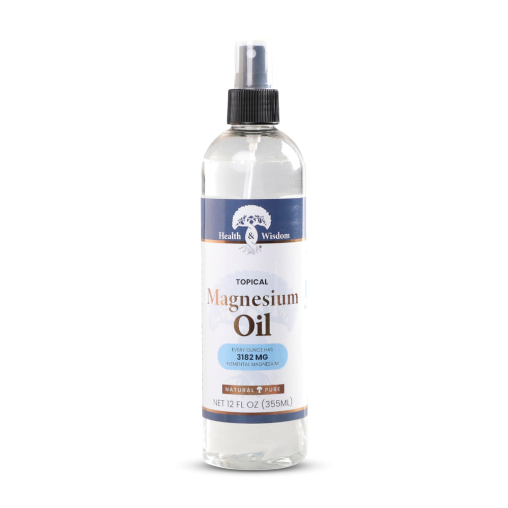 Health and Wisdom Pure Magnesium Oil bottle shown for easy topical relief on skin