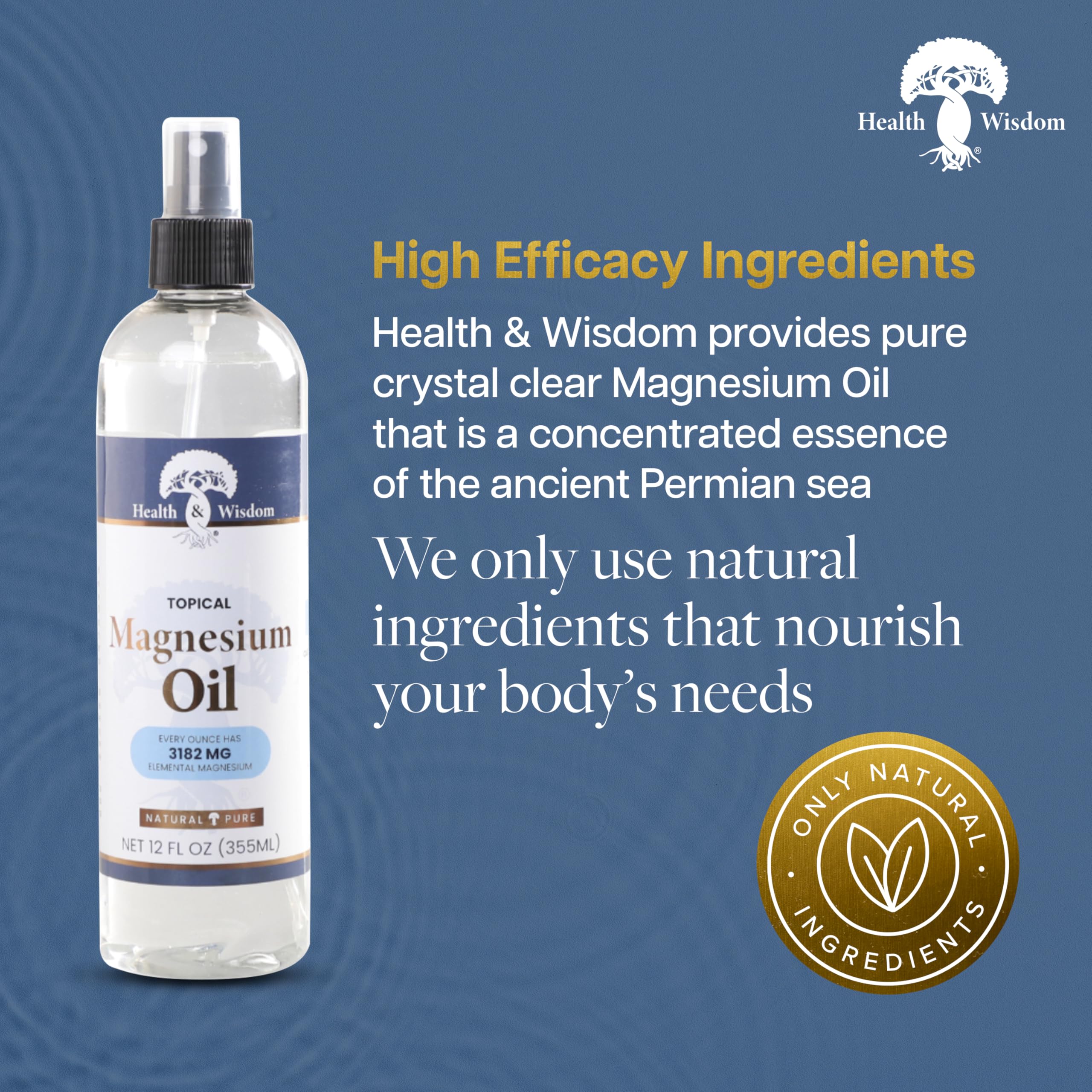 Health and Wisdom Pure Magnesium Oil bottle pour highlights convenient dispensing for daily use