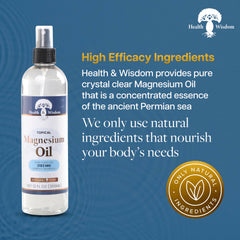 Health and Wisdom Pure Magnesium Oil bottle pour highlights convenient dispensing for daily use