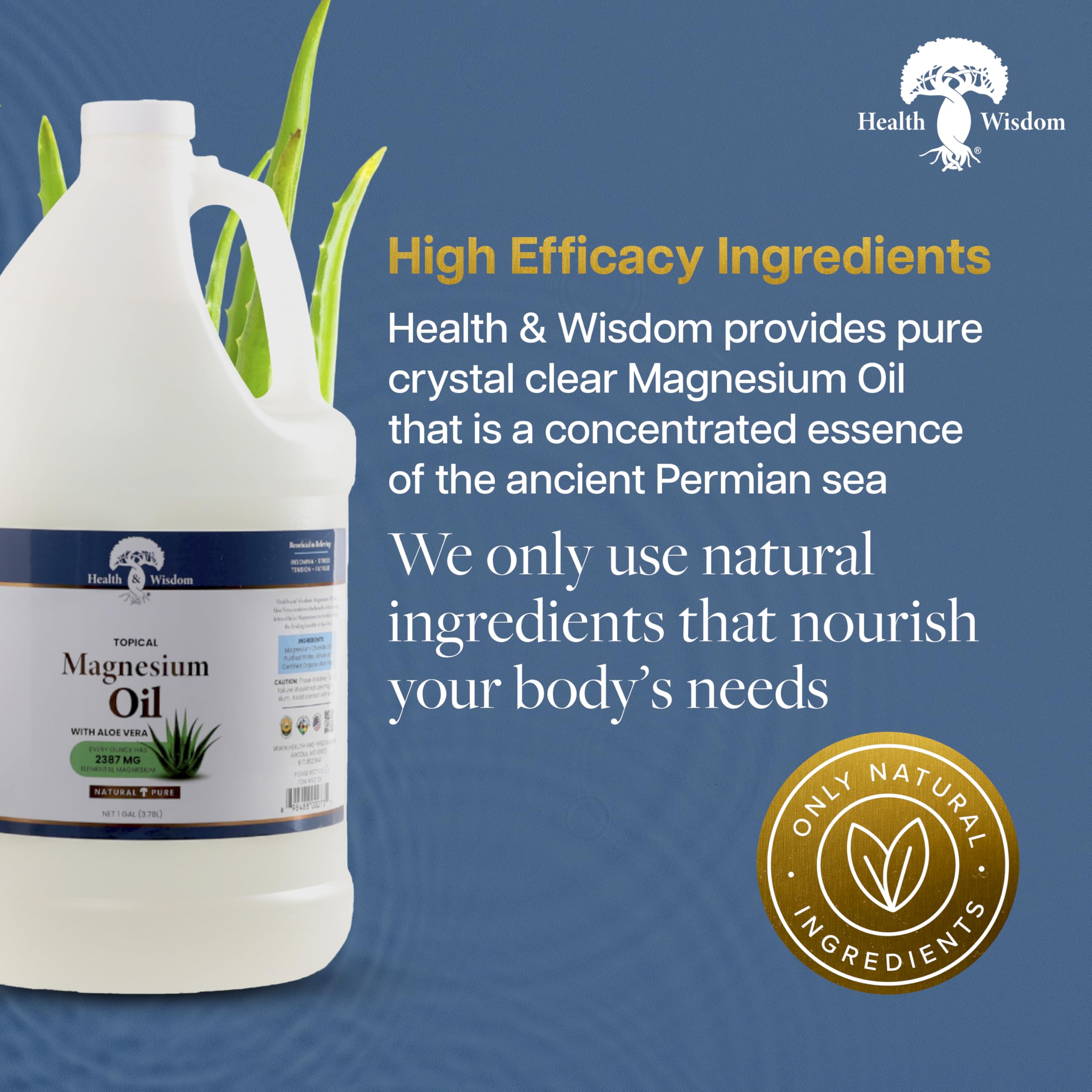 Health and Wisdom magnesium oil skin moisturizer emphasizing deep hydration and daily use.