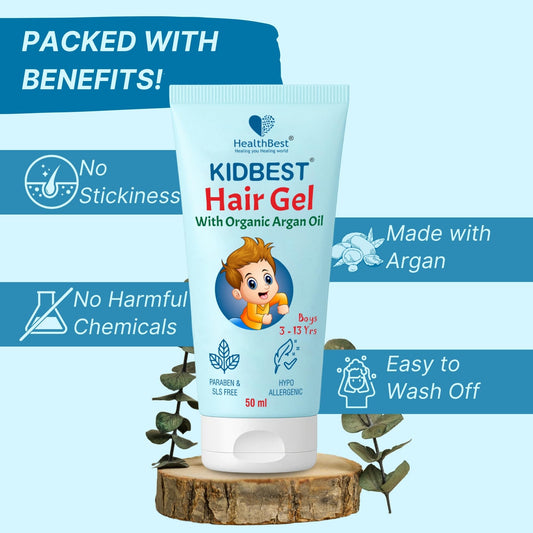 HealthBest Kids Hair Styling Gel bottle back highlights safe, natural ingredients.