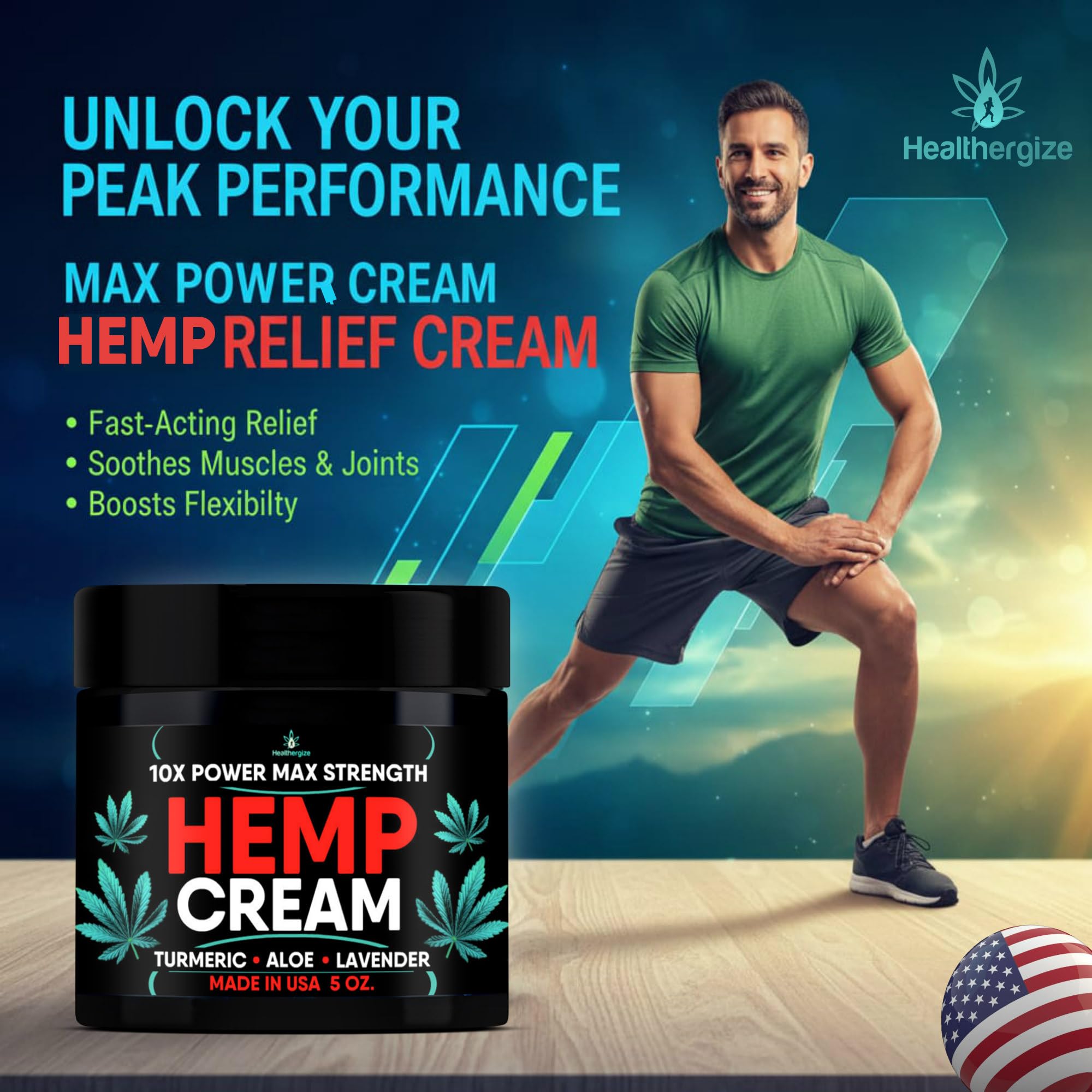 Healthergize Hemp Cream bottle close-up shows instant feel on contact.