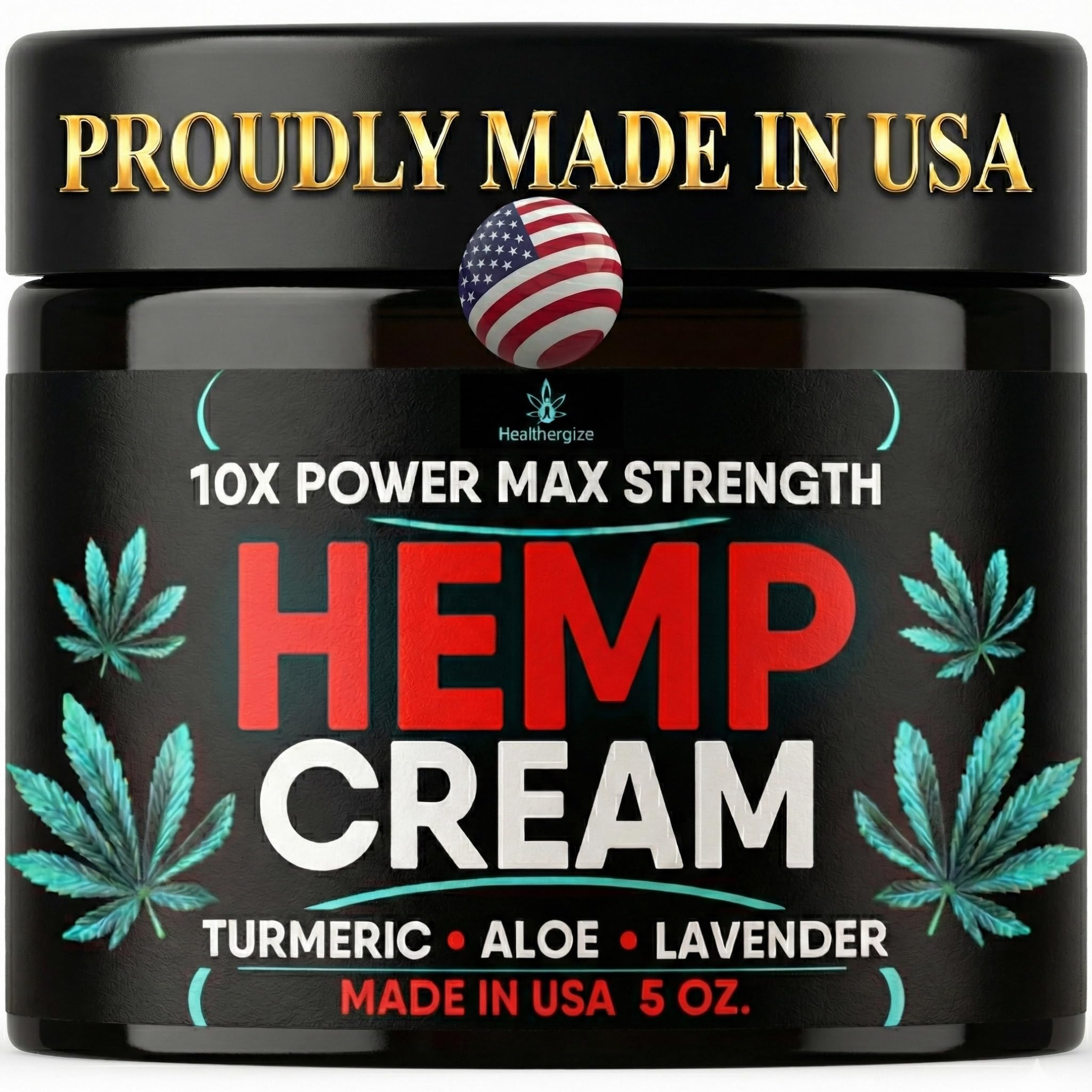 Healthergize Hemp Cream maximum-strength bottle, quick-absorbing formula for targeted body use.