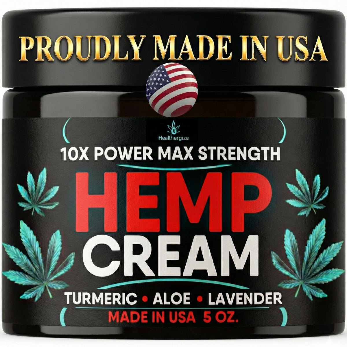 Healthergize Hemp Cream maximum-strength bottle, quick-absorbing formula for targeted body use.