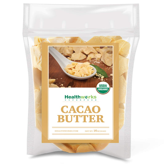 Healthworks cacao butter jar on white surface, ideal base for desserts and skincare.