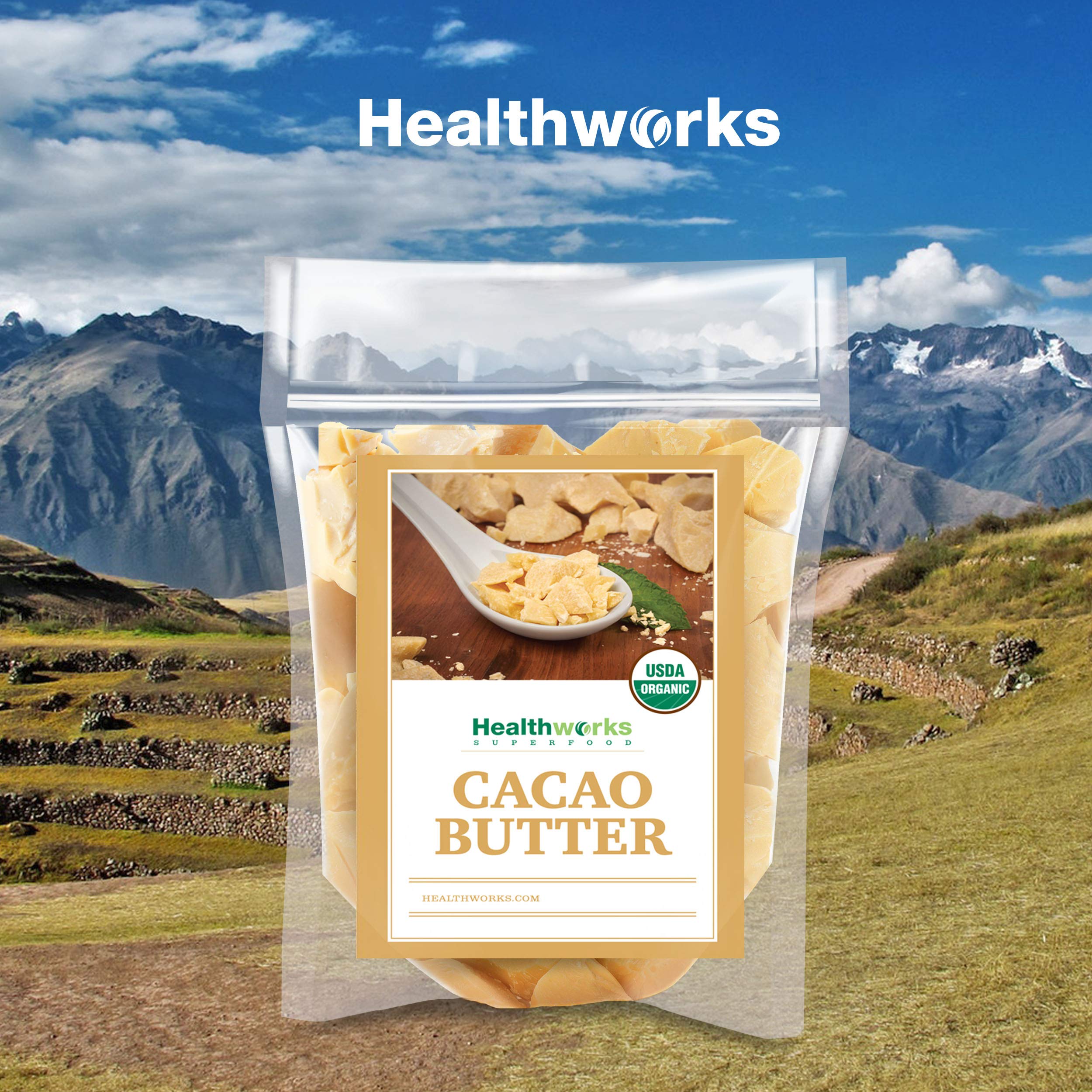 Origin note highlighting Peru-sourced cacao butter quality and sustainability.