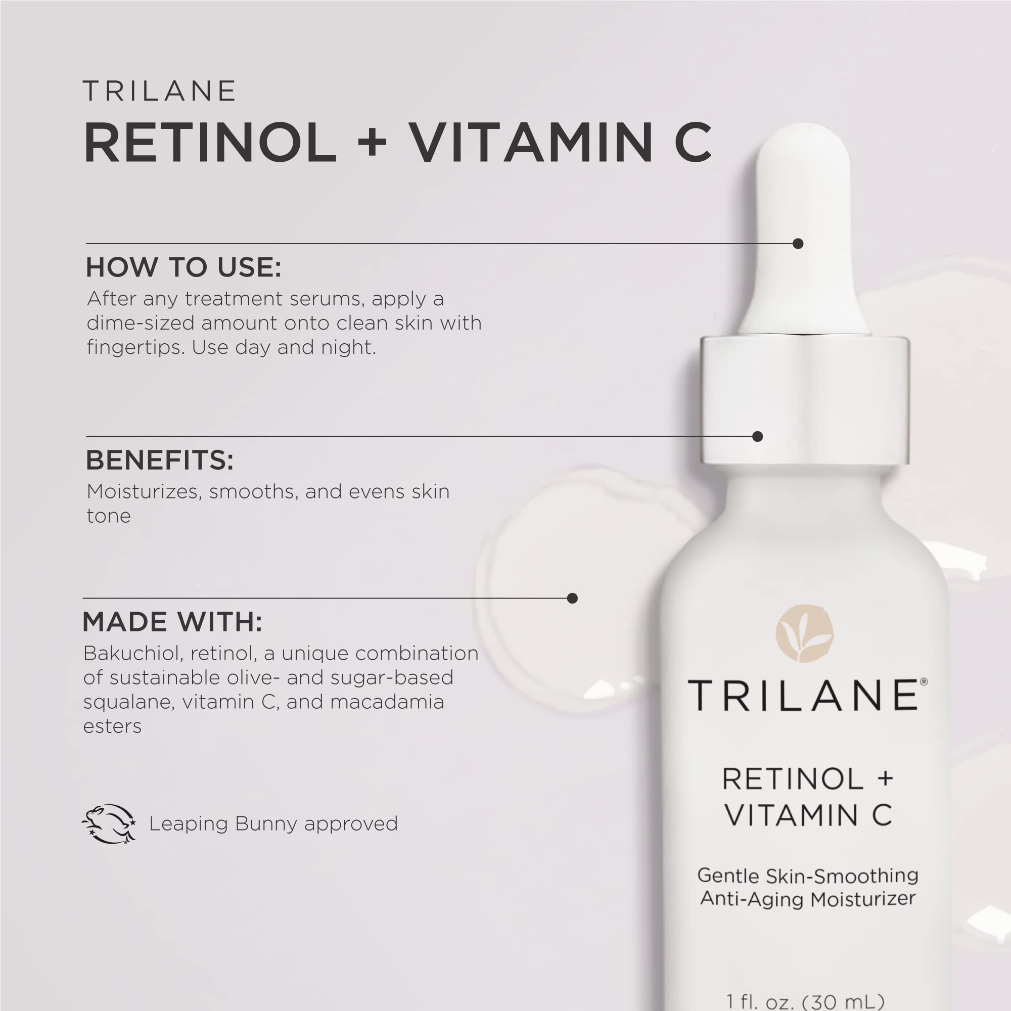 Ingredient blend visual of Trilane with retinol, vitamin C, and squalane in use